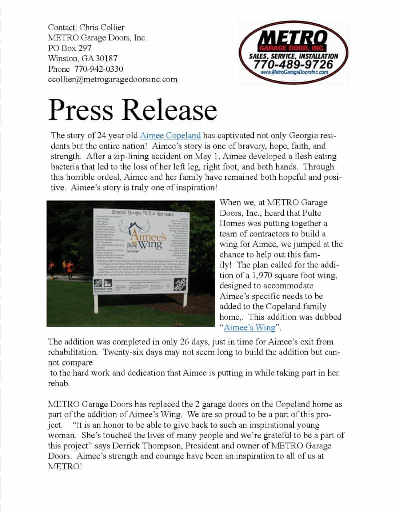AIMEE COPELAND PRESS RELEASE Aimees Wing
